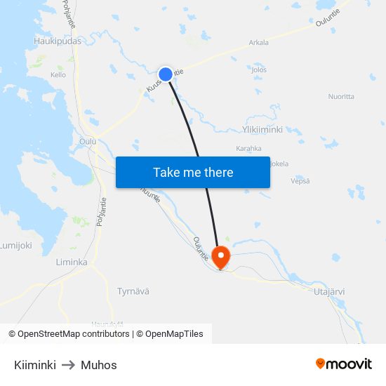 Kiiminki to Muhos map