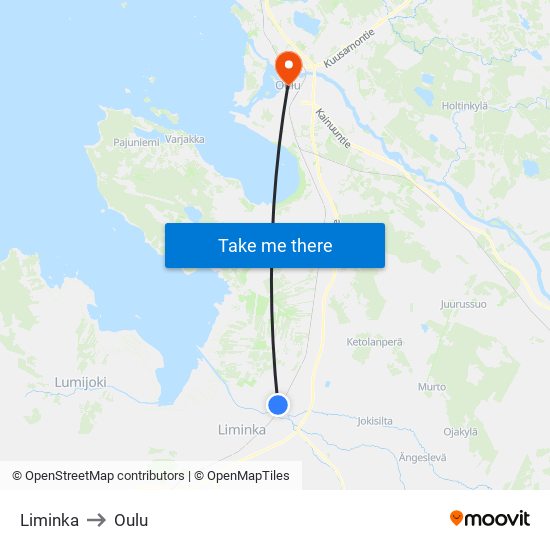 Liminka to Oulu map