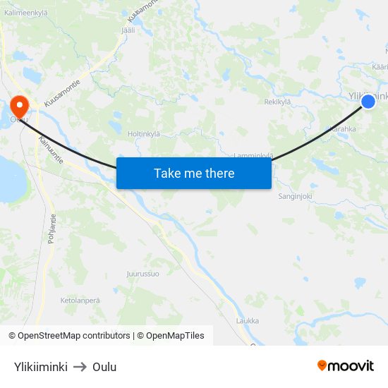 Ylikiiminki to Oulu map