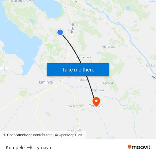 Kempele to Tyrnävä map