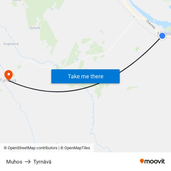 Muhos to Tyrnävä map