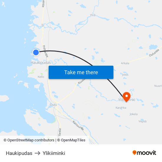 Haukipudas to Ylikiiminki map