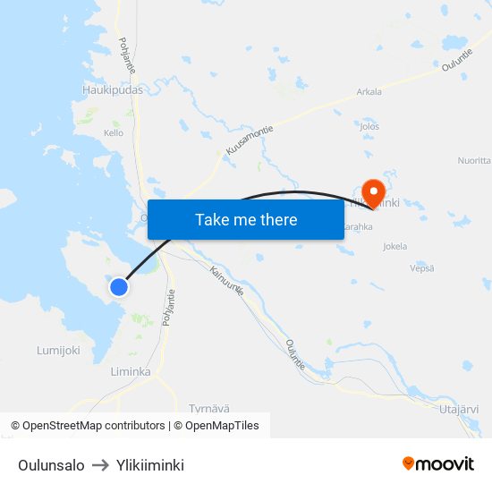 Oulunsalo to Ylikiiminki map
