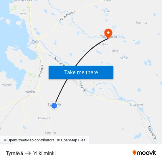 Tyrnävä to Ylikiiminki map