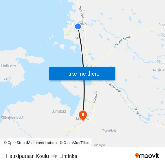 Haukiputaan Koulu to Liminka map