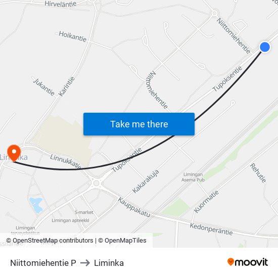 Niittomiehentie P to Liminka map