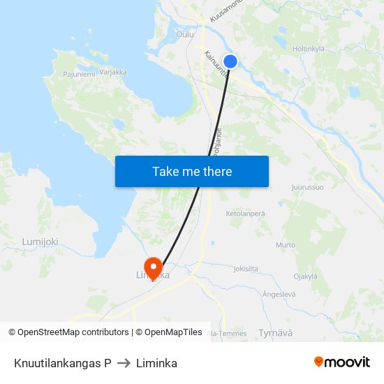 Knuutilankangas P to Liminka map