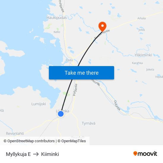 Myllykuja E to Kiiminki map