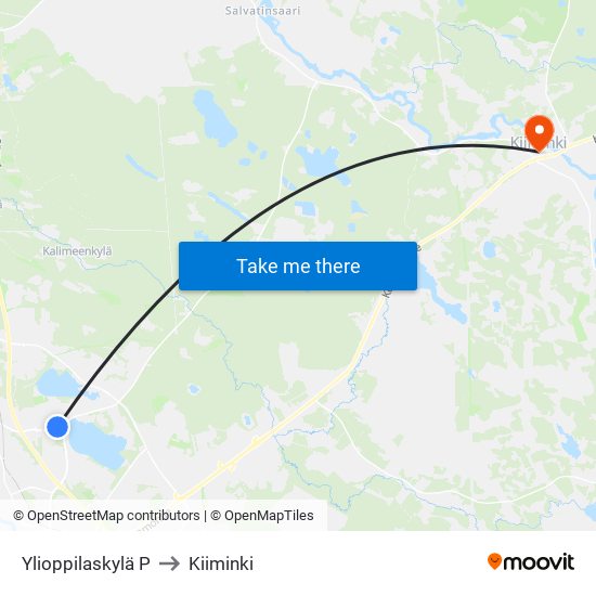 Ylioppilaskylä P to Kiiminki map