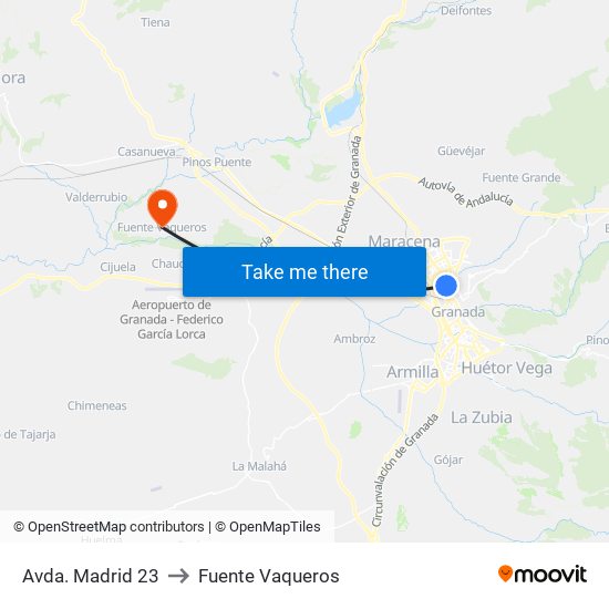 Avda. Madrid 23 to Fuente Vaqueros map