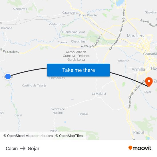 Cacín to Gójar map