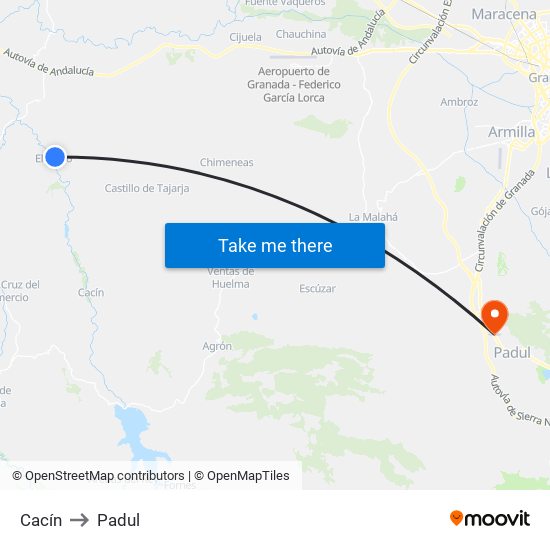 Cacín to Padul map