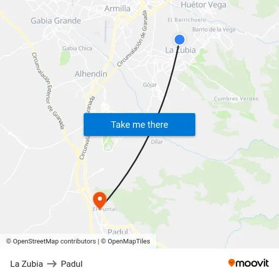 La Zubia to Padul map