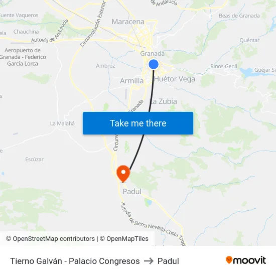 Tierno Galván - Palacio Congresos to Padul map