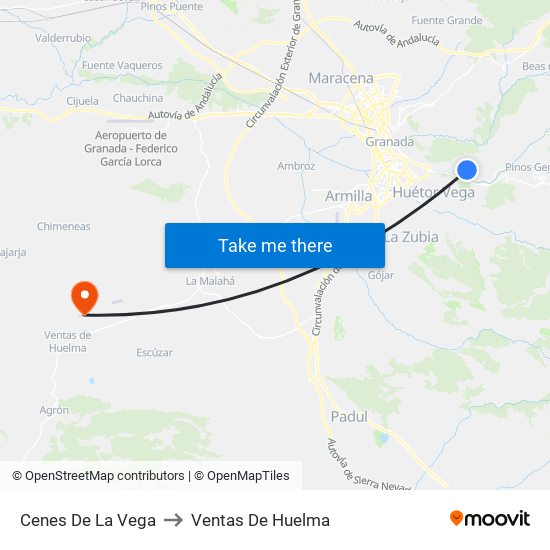 Cenes De La Vega to Ventas De Huelma map