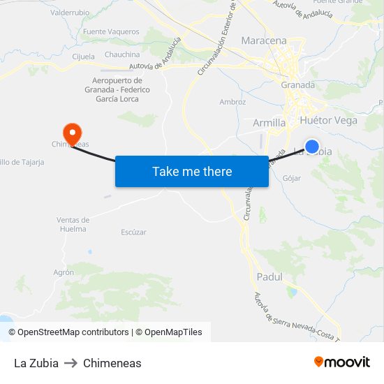 La Zubia to Chimeneas map
