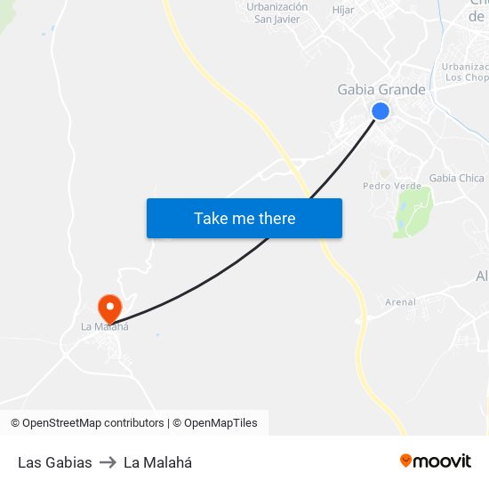 Las Gabias to La Malahá map