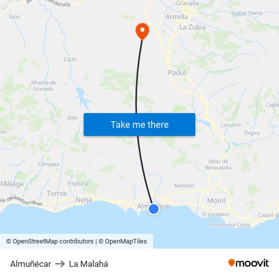 Almuñécar to La Malahá map
