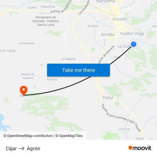 Cájar to Agrón map