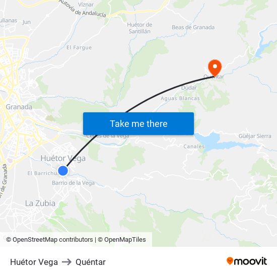 Huétor Vega to Quéntar map