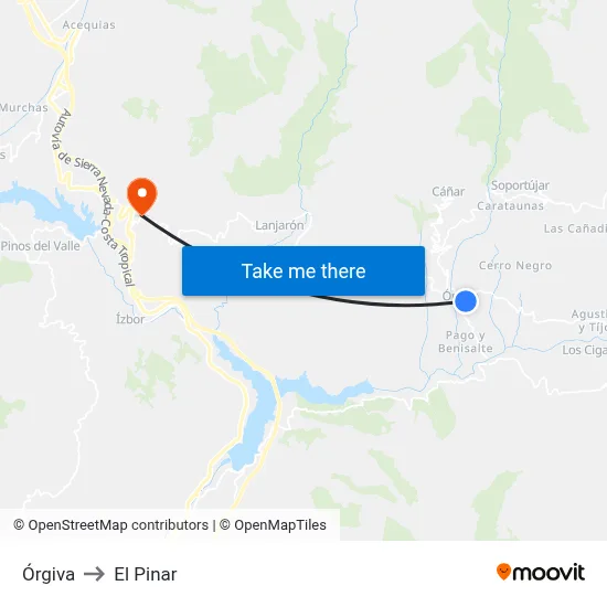 Órgiva to El Pinar map