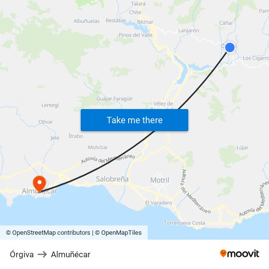 Órgiva to Almuñécar map