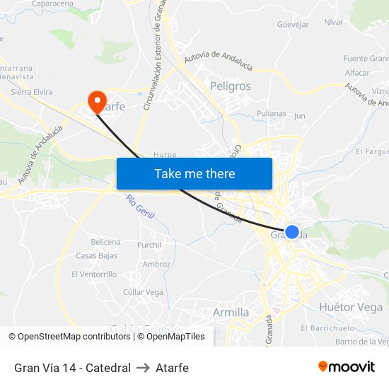Gran Vía 14 - Catedral to Atarfe map