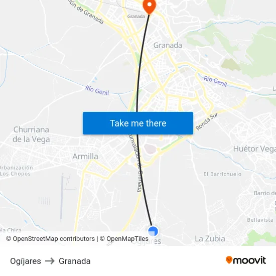 Ogíjares to Granada map