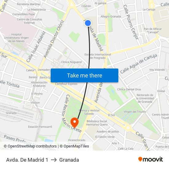 Avda. De Madrid 1 to Granada map