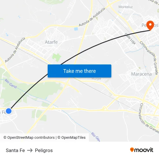 Santa Fe to Peligros map