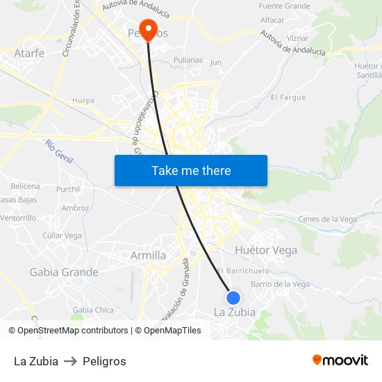 La Zubia to Peligros map