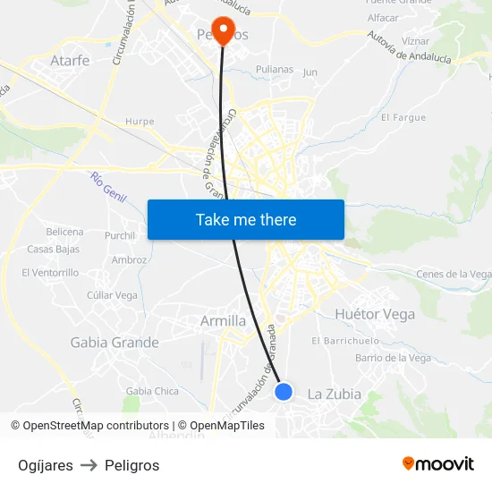 Ogíjares to Peligros map