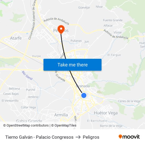 Tierno Galván - Palacio Congresos to Peligros map