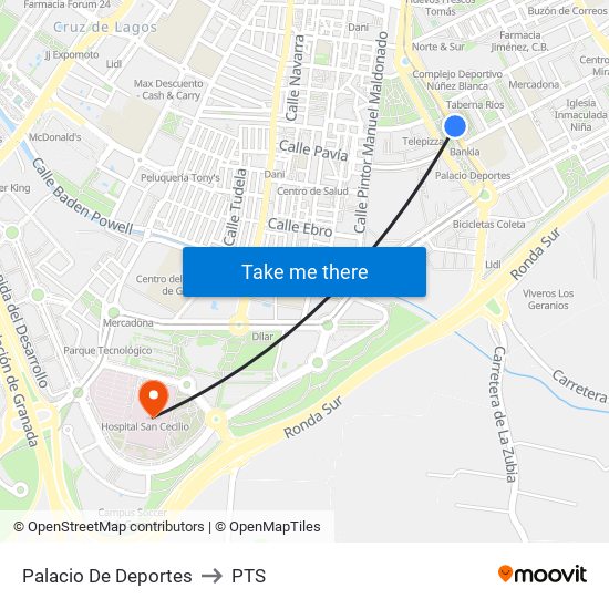 Palacio De Deportes to PTS map