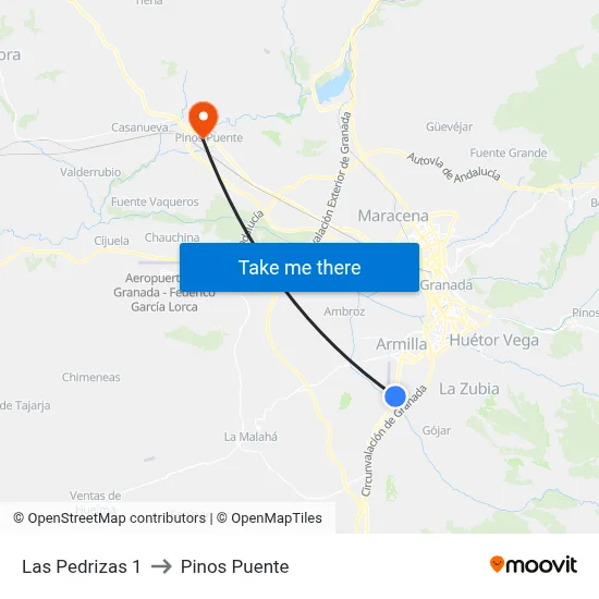 Las Pedrizas 1 to Pinos Puente map