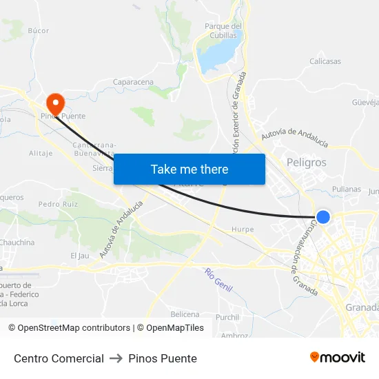 Centro Comercial to Pinos Puente map