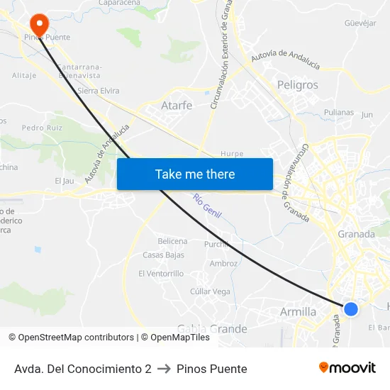 Avda. Del Conocimiento 2 to Pinos Puente map