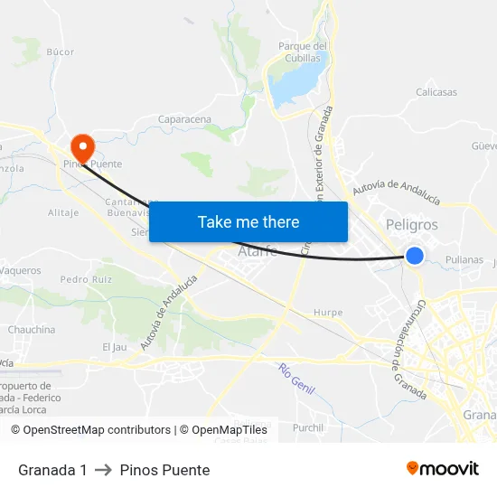 Granada 1 to Pinos Puente map