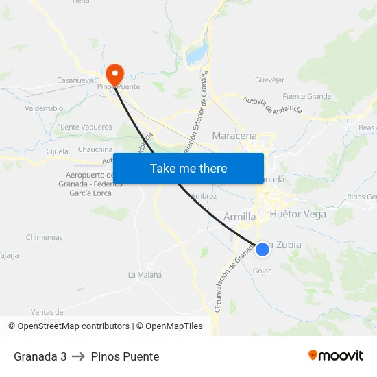 Granada 3 to Pinos Puente map
