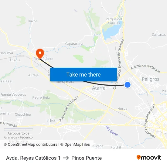 Avda. Reyes Católicos 1 to Pinos Puente map