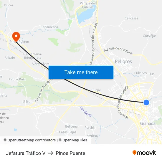 Jefatura Tráfico V to Pinos Puente map