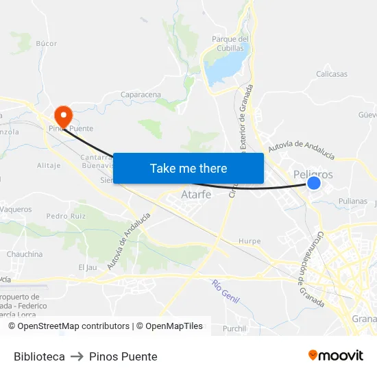 Biblioteca to Pinos Puente map