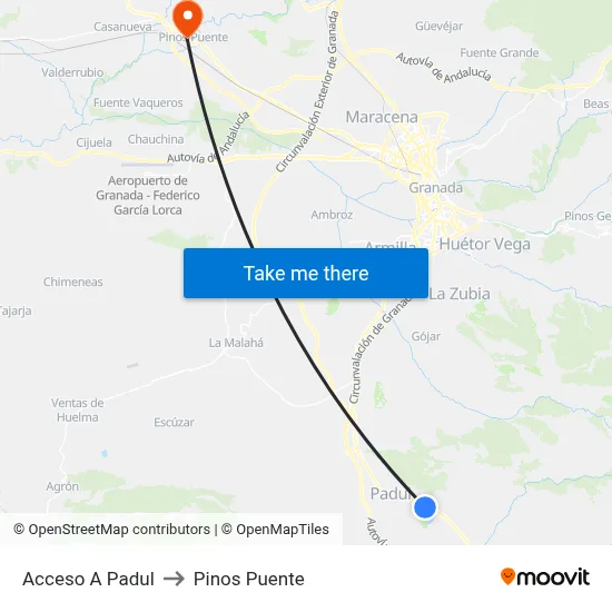 Acceso A Padul to Pinos Puente map