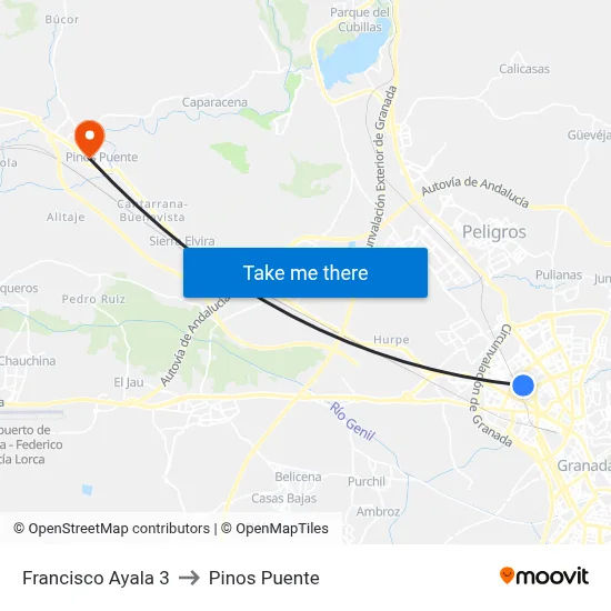 Francisco Ayala 3 to Pinos Puente map