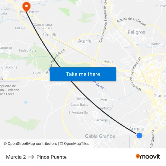 Murcia 2 to Pinos Puente map