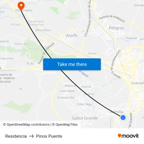 Residencia to Pinos Puente map