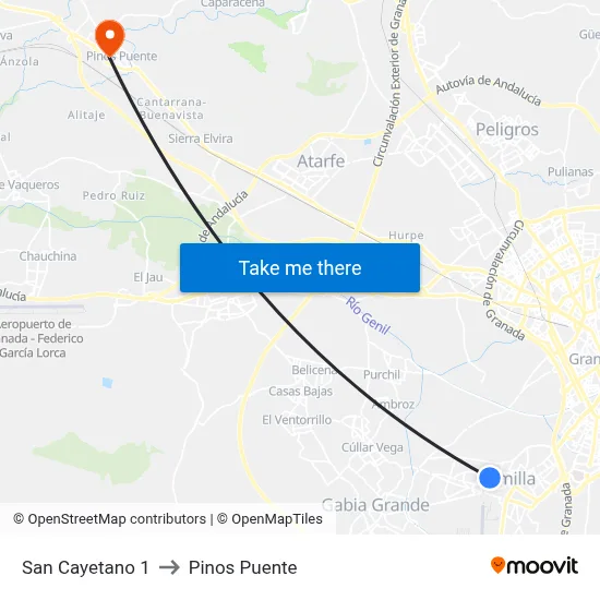San Cayetano 1 to Pinos Puente map