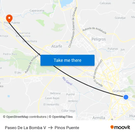 Paseo De La Bomba V to Pinos Puente map