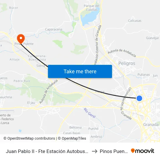 Juan Pablo II - Fte Estación Autobuses to Pinos Puente map