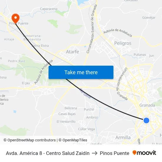 Avda. América 8 - Centro Salud Zaidín to Pinos Puente map